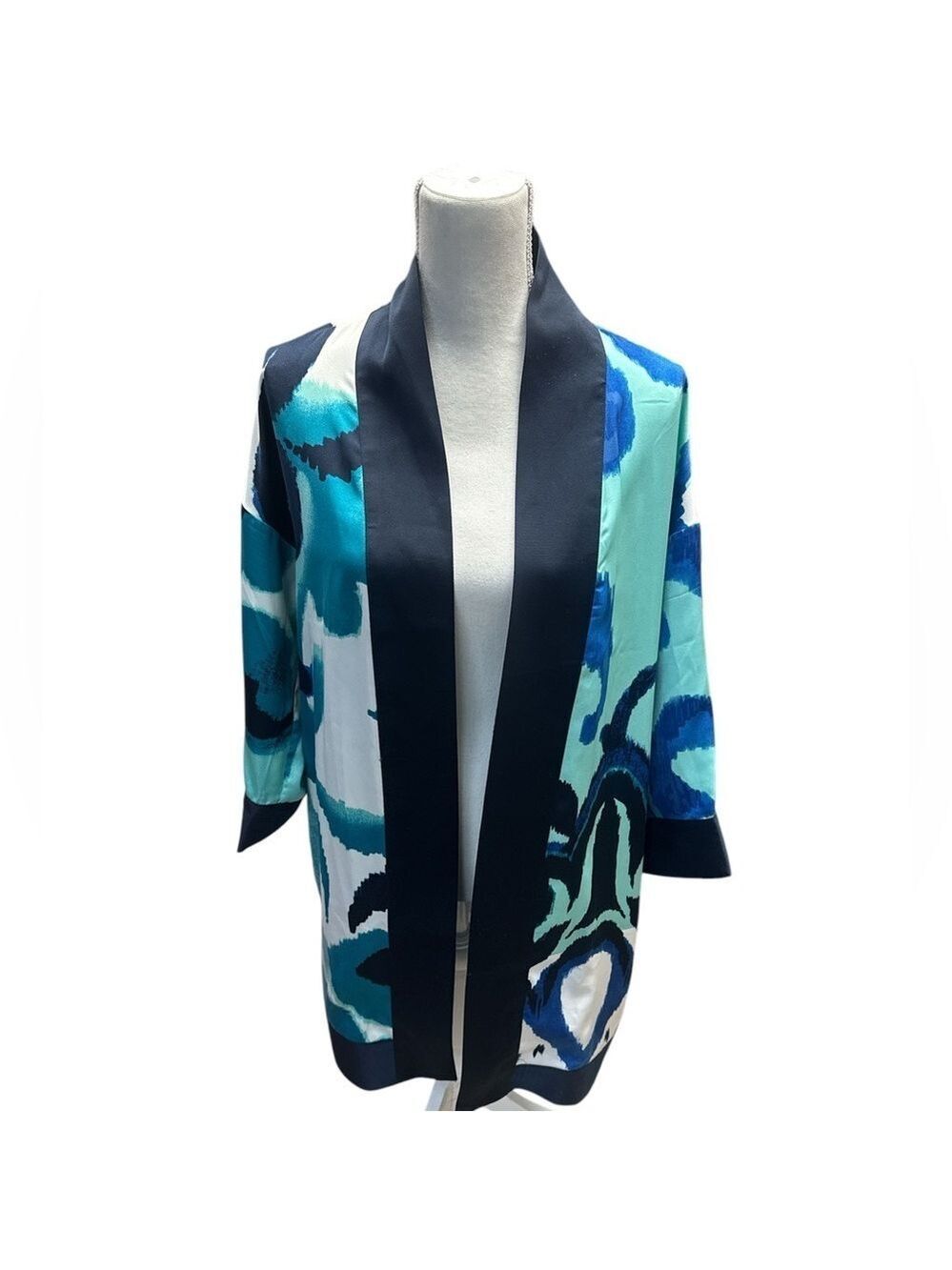 CHICO'S AGATE BLUE WHITE TRAVELERS SCROLL PRINT KIMONO TOP JACKET SZ S/M